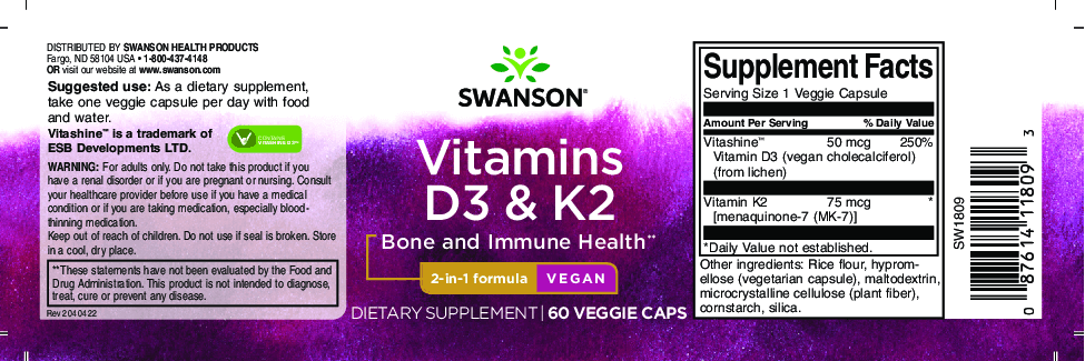Swanson D3+K2 VITAMINS (növényi kapszula)