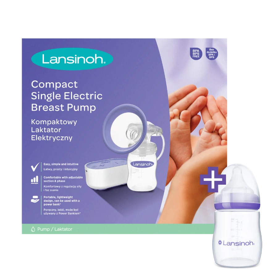 Lansinoh 2 fázisú kompakt elektromos mellszívó + 160 ml cumisüveg szettben