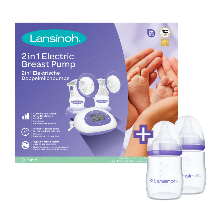 Lansinoh 2 az 1-ben elektromos dupla mellszívó + 2 db 160 ml cumisüveg szettben
