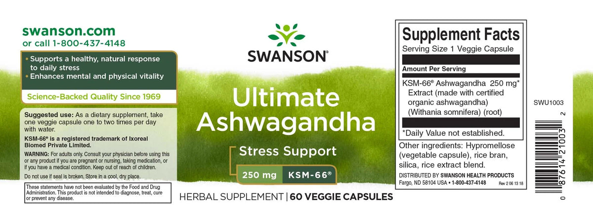 SWANSON Ultimate Ashwagandha 250 mg / 60 db növényi kapszula (KSM-66® kivonat)