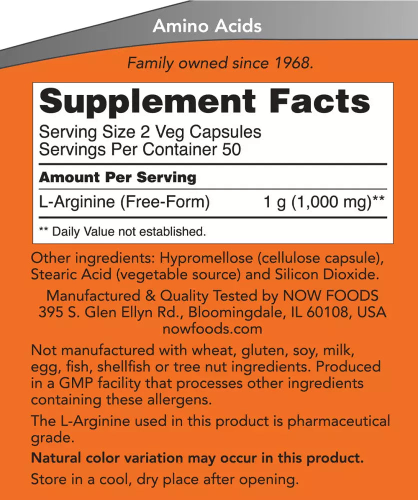 NOW L-Arginine 500mg 100 kapszula vérkeringés javításra