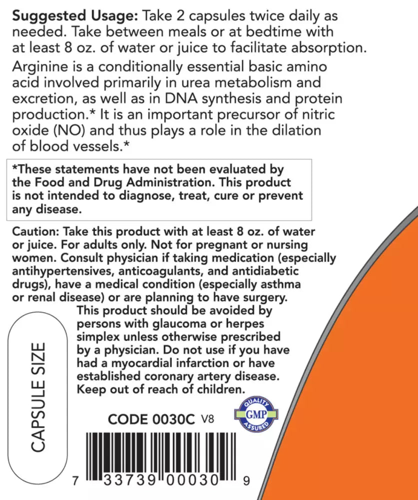 NOW L-Arginine 500mg 100 kapszula vérkeringés javításra