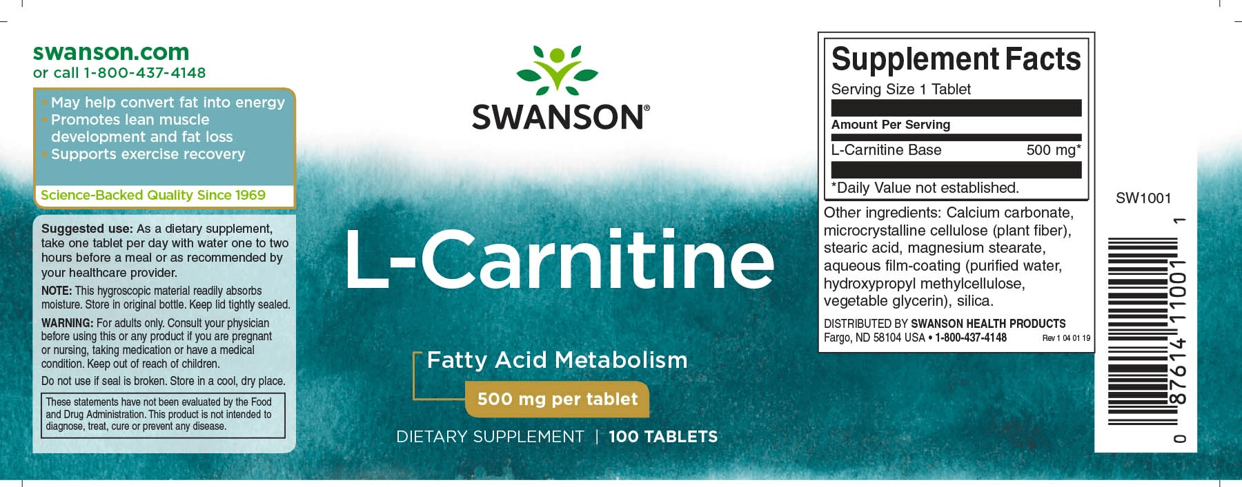 Swanson L-karnitin 500 mg / 100 db tabletta